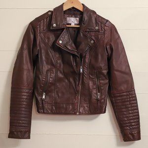 Burgundy faux leather asymmetrical bomber jacket